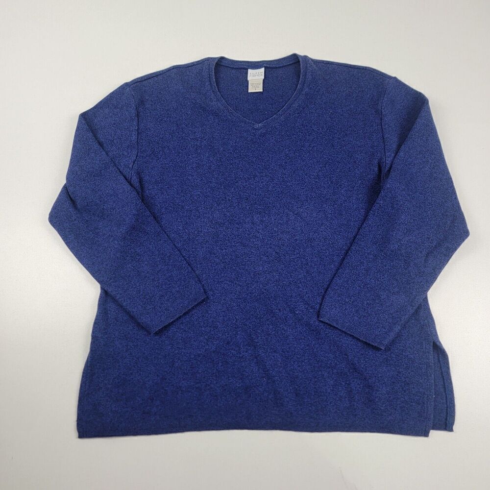 Eileen Fisher Womens Size Small V Neck Long Sleeve Sweater Tunic Blue Cotton‎